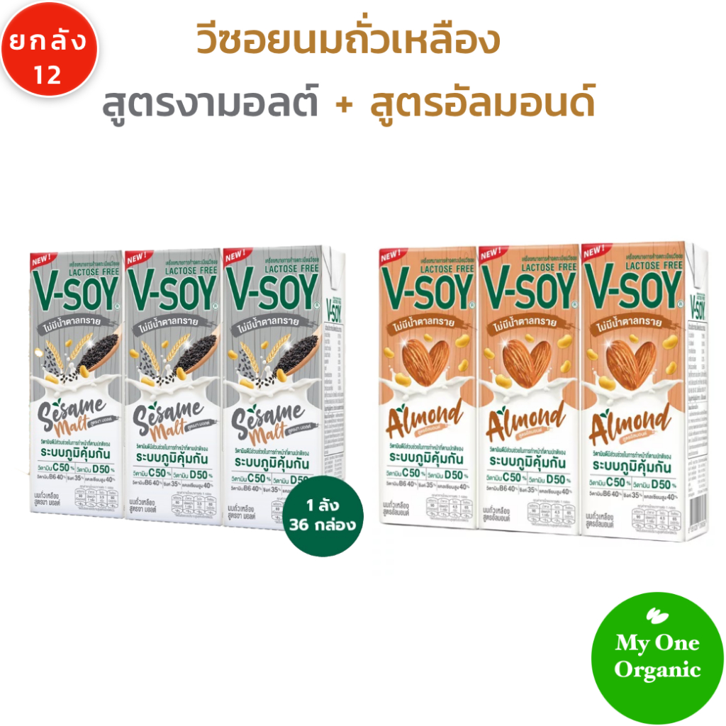 อร่อยอยากให้ชิม My1organic ยกลัง 12 V-Soy วีซอย นมถั่วเหลือง อัลมอนด์ และ งา มอลต์ 180 มล. x 36 กล่อง
