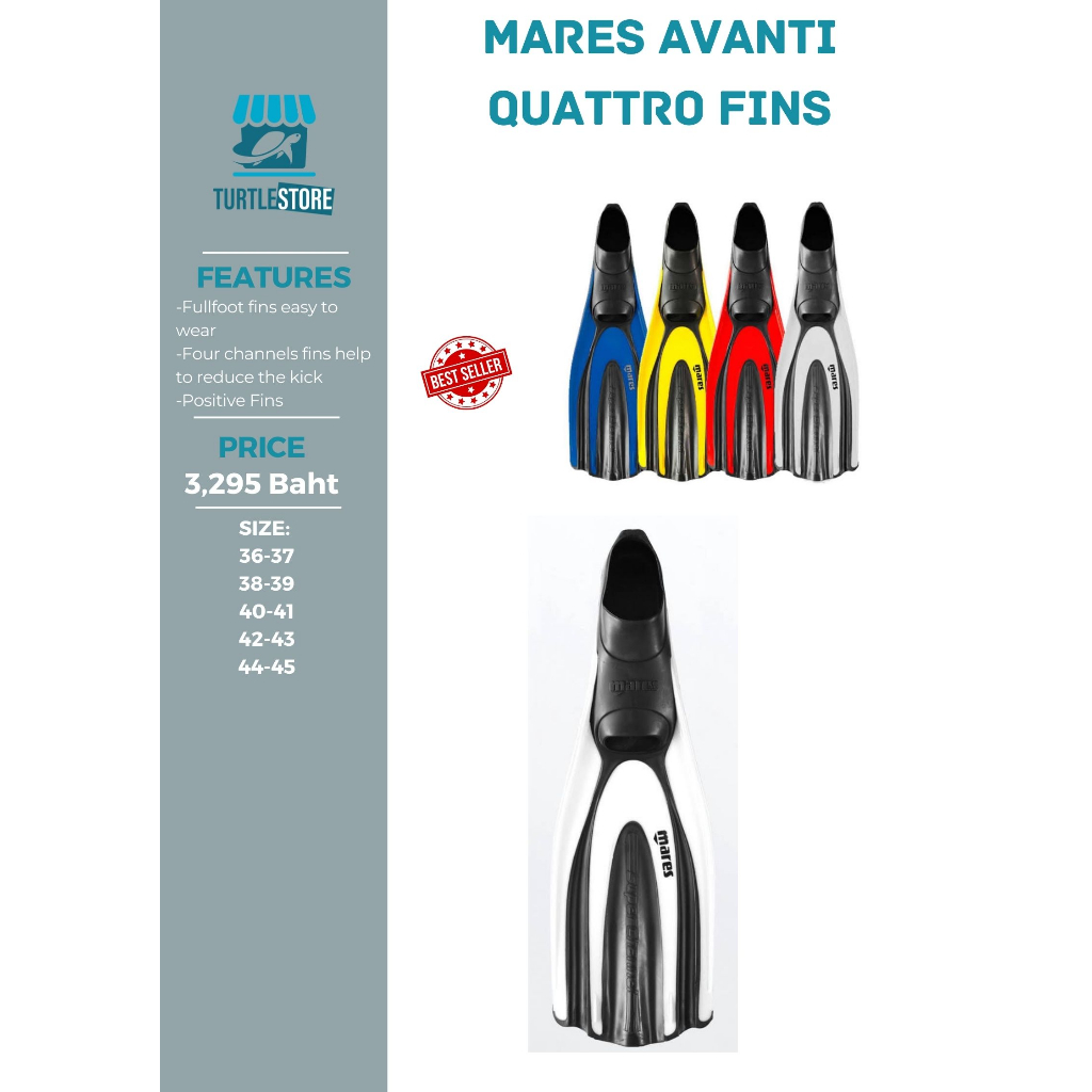 Mares Avanti Quattro Fins Full Foots ฟินดำน้ำพร้อมส่ง ฟินดำน้ำ ช่วยเพิ่มประสิทธิภาพในการว่ายน้ำมากขึ้น