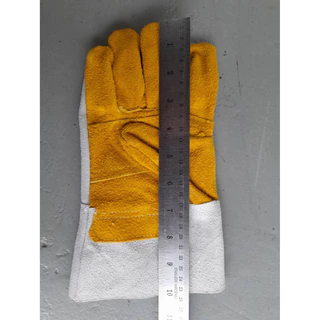 ถุงมือหนังท้องสั้น10นิ้ว ฝ่ามือสีเหลือง ถุงมือช่าง ใส่เชื่อม ตัดเจียร หนังวัวแท้หนา กันความร้อน กันบาด ไซส์L