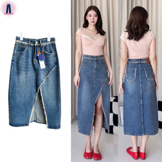 Nina jeans (S-2XL) กระโปรงยีนส์เอวสูงผ่าหน้าเว้าแต่งขอบเอวรุ่ย #6512 jeansdede