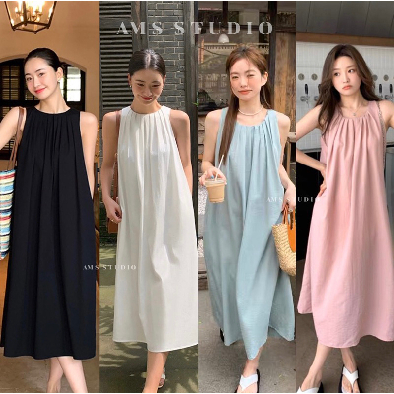 🧃ams.studio’ เดรสยาวแขนกุดเกาหลี จับจีบรอบคอ’🇰🇷