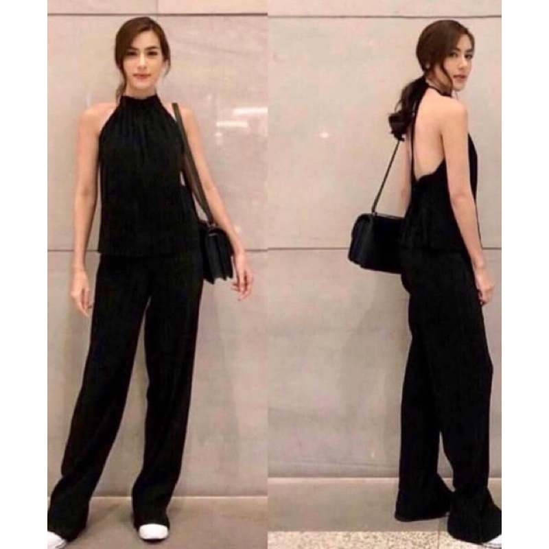 ชุดเสื้อผูกคอ+กางเกงขายาว ผ้าอัดพลีท