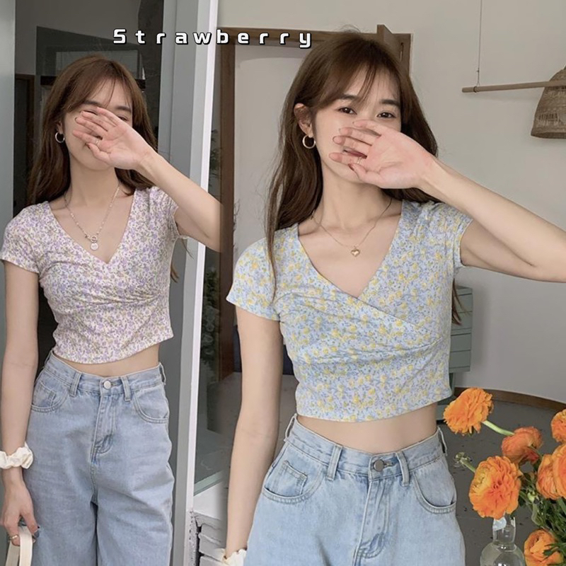 🍓พร้อมส่ง🍓เสื้อครอป เสื้อแขนสั้น คอวี ลายดอกไม้ แขนสั้นทรงหลวม สไตล์เกาหลี เอวสูงโชว์สะดือ น่ารักมาก สำหรับผู้หญิง