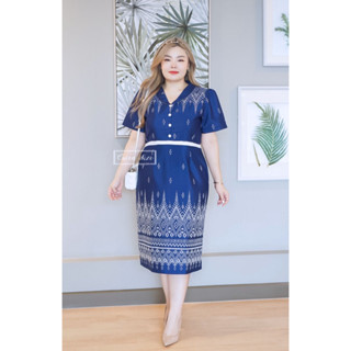 Yanin-สีกรมท่า Plus size Fashionสาวอวบสาวอ้วน เดรสผ้าฝ้ายทอลายไทยไปงาน ไปทำงาน ได้หลากหลายโอกาส ลุคเรียบหรู