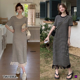 SS16964 เดรสยาว ลายริ้ว คอกลม แขนสั้น แต่งขอบชายฝอย Long dress, striped pattern, round neck, short sleeves