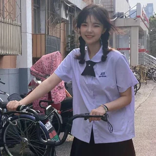 เสื้อเชิ้ตนักศึกษาแขนสั้นผู้หญิงนน่ารัก Oversize แฟชั่นเกาหลี นักเรียนนักคอปกทหารเรือ ยูนิฟอร์ม คอปก สําหรับผู้หญิง