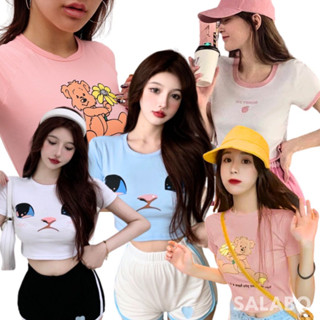 SALABO(พร้อมส่ง) เสื้อยืดคอกลม รัดรูปนมโต ครอปเอวลอย ผ้านิ่มยืด ใส่สบาย #A34