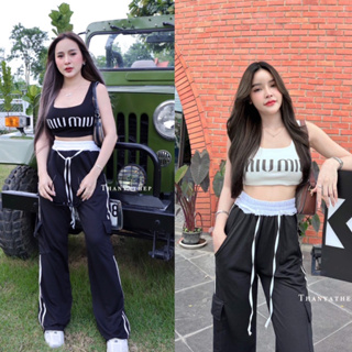 MAYSTUDIO เซทเสื้อครอป งานสุดปัง มาพร้อมกางเกงขายาว แต่งแถบ สุดฮิต ใส่สบาย เนื้อดีระบายอากาศดี