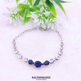 BL002 สร้อยข้อมือพลอยไพลินแท้ ( Blue sapphire ) ตัวเรือนเงินแท้ 925 ชุบทองคำขาว ฟรีไซส์ 14.0 -17.5 cm