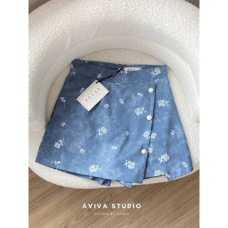 Aviva studio 🩵🌹กางเกงกระโปรงยีนส์ลายกุหลาบสีฟ้า