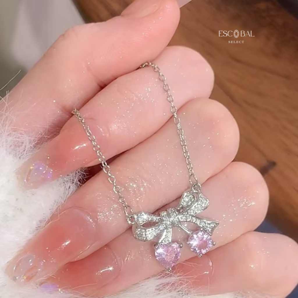 ESCOBAL สร้อยคอเงินแท้ pink bow สร้อยเพชร - รูปที่ 7