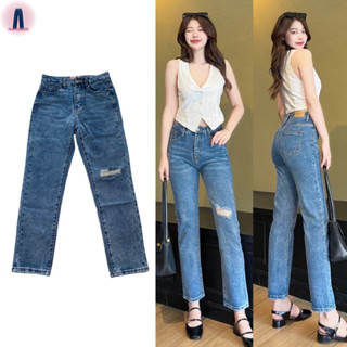 Jsara jeans กางเกงยีนส์ทรงกระบอกเล็กแต่งขาดสียีนส์ฟอก #2961 jeansdede