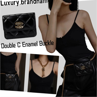 ชาแนล Chanel Double C Enamel Buckle/สายสะพายโซ่ถอดได้/กระเป๋าคาดเอวหนังแกะ/สุภาพสตรี