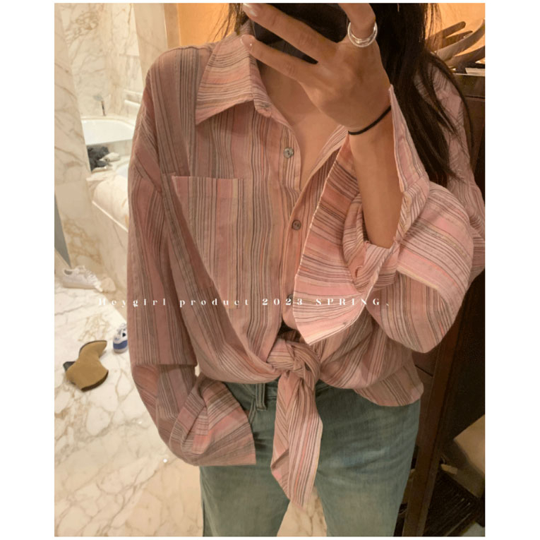 PBB2012⭐️⭐️COD⭐️⭐️เสื้อเชิ้ตลายทางคอปกแขนยาวผู้หญิง oversize เสื้อคลุมกันแดดแฟชั่นเกาหลีย้อนยุค เนื้