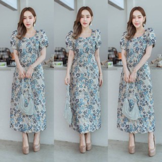 ป้าย ANANYA เดรสยาวผ้าทอนูนลายดอกสีน้ำเงินฟ้า แขนตุ๊กตา ทรงสวยเข้ารูปผ่าหลัง เรียบหรูดูแพง ใส่ออกงาน สีฟ้าใส่วันแม่ได้