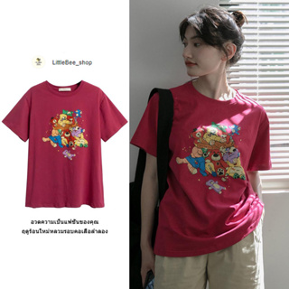 littlebee.2419เสื้อยืดแขนสั้นหมี oversize เสื้อคู่รักพิมพ์ลายการ์ตูนน่ารัก สไตล์เกาหลีนักเรียนหญิง