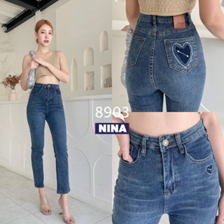 👖NN-ST🌟#8903 กางเกงยีนส์กระบอกเล็ก ผ้ายืด เอวสูงปรี๊ดด งานสวยปลายขาเย็บเก็บ ปักหัวใจ หน้าหลัง เก๋ๆ