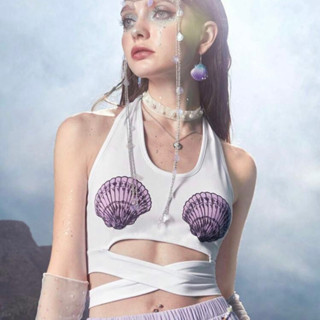 (พร้อมส่งในไทย) เสท้อครอปสไตล์เมอร์เมด Mermaid Seashell halter white crop top