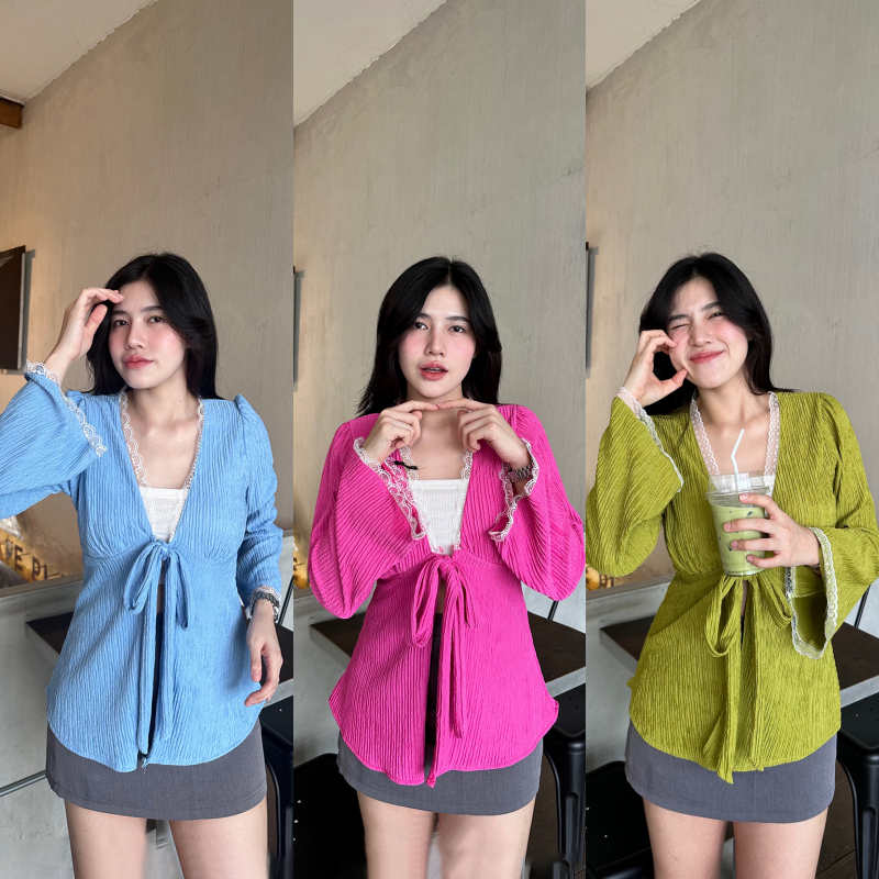 SpinnyHouse เสื้อคลุมผ้าเปลือกไม้ ดีเทลแต่งลูกไม้ตามขอบ คลุมก้น่าร้าก นางแบบใส่งานจริงจ้า รุ่น ลูกไม้เฮีย