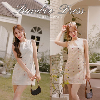 LABELLE รุ่น Bamboo Dress เดรสผ้าปัก ขาว/น้ำตาล ไม่มีเเขน