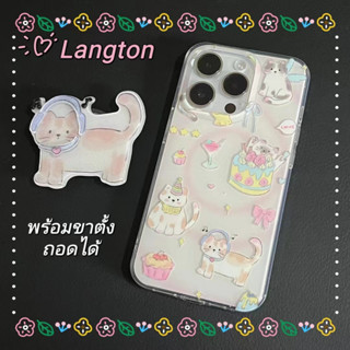 🌈Langton🌸ขาตั้ง ถอดได้ การ์ตูน ลูกแมวกับหูฟัง iphone 11 14 pro max เส้นขอบโปร่งใส ป้องกันการหล่น case for iPhone 12 13