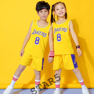 STAR5 ชุดกีฬาเด็กเสื้อบาสเก็ตบอลเด็ก อายุ 2-12 ปี ลายทีมLAเลเกอส์ สีเหลือง พร้อมชื่อ+เบอร์ No8 สุดฮิตงานคุณภาพดี สวยสด