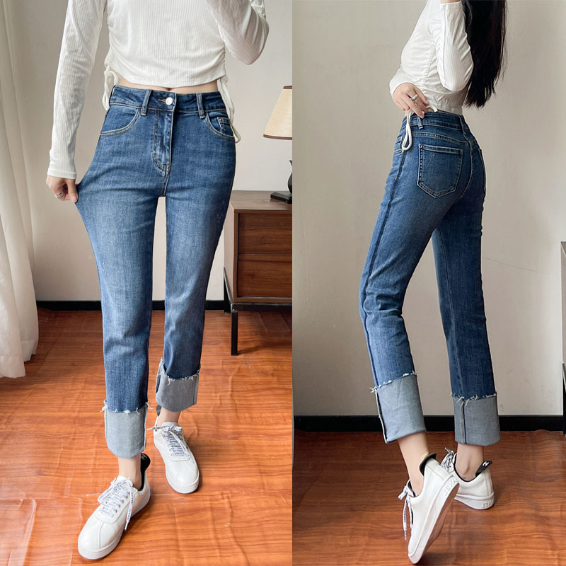 GHAOHES  🐇 กางเกงยีนส์ยืด 🐇 วินเทจสิ้นสุดพับขนาด S-5XL  วินเทจ  กางเกง ยีน