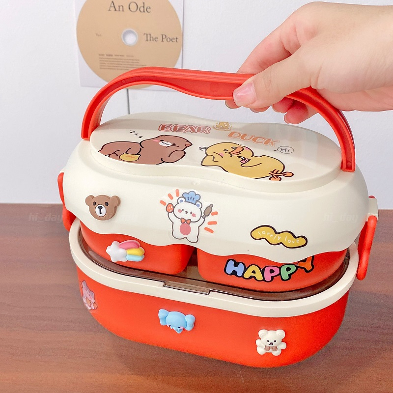 [แถมช้อนและส้อม]กล่องใส่อาหาร กล่องข้าว กล่องเก็บอาหาร ลายการ์ตูน สติ๊กเกอร์DIY กล่องข้าวเข้าไมโครเวฟได้
