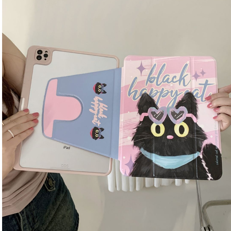 💫พร้อมส่ง💫เคสiPadหมุน 360° แผ่นหลังอะครีลิ Gen9 MINI7 Happy Black Cat Air5 Gen11 AIR6 ใส่ปากกาไ Air7