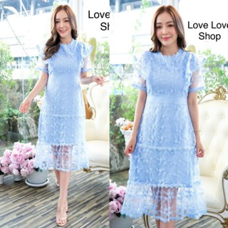 เดรสลูกไม้ฟ้า!!! L-4XL Maxi Dress เดรสสีฟ้าผ้าซีทรูปักลายแขนระบาย งานป้าย Love love