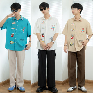 PETO SHIRT เสื้อเชิ้ตแขนสั้นทรงโอเวอร์ไซส์งานปัก