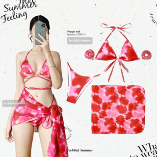 ICEBLINK-Poppy red Bikini 🌺✨ บิกินี่สีแดงลายมัดย้อม ได้3ชิ้น เเถมผ้าคลุม (พร้อมส่ง)