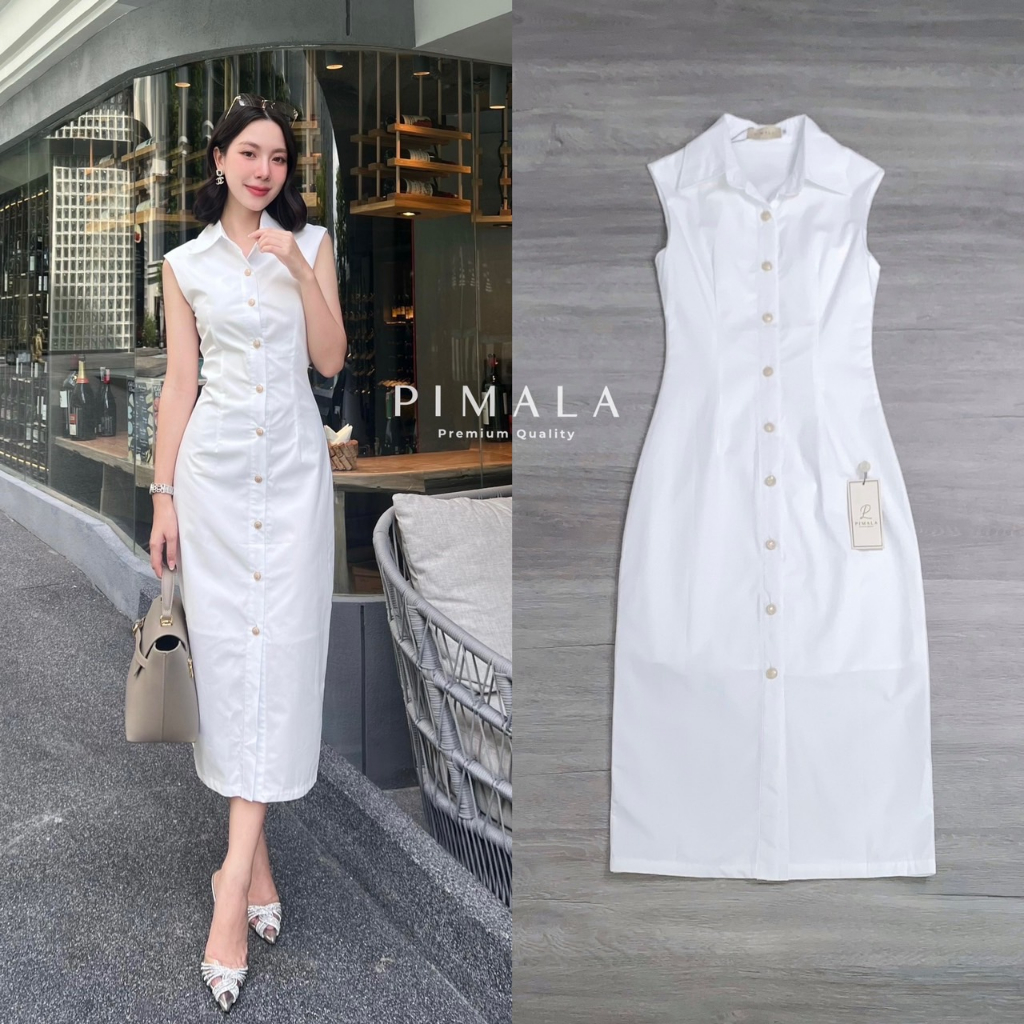 PIMALA เดรสยาวเชื้ตคอปกแขนกุดกระดุมเรียงหรู ทรงนี้ใส่สวยหรูผู้ดีมาก