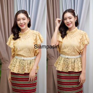 SOF เสื้อลูกไม้ ผ้าลูกไม้นำเข้า ผ้านิ่มลายสวย อก S M L XL XXL สีทอง แขนค้างคาว รุ่นแขนย้วย เอวจั้ม Blouse