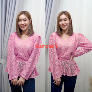 SOF เสื้อลูกไม้ ผ้านำเข้านิ่มมาก ใส่สบาย อก S M L XL XXL สีชมพู แขนยาว แบบประยุกต์ ดูหรูทันสมัยมาก รุ่นคอปีน Blouse