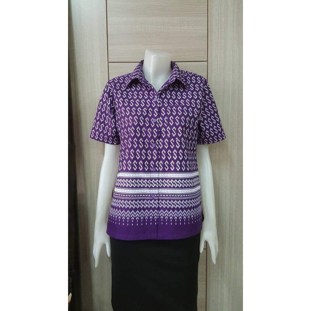 เสื้อเชื้ตลายขอ เสื้ออัดกาวลายขอ สีม่วง (ขอเล็ก)