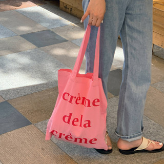 พร้อมส่ง ร้านค้าส่งไว กระเป๋าผ้า สีชมพูบาร์บี้ creme dela creme แคนวาส สไตล์เกาหลี ใบใหญ่ จุของเยอะ ผ้าหนา