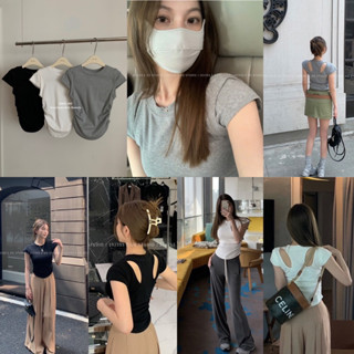 Crop x Tank top🤍🩶🖤(350฿ฟรีส่ง) เสื้อคอกลม แขนสั้น ดีไซน์เก๋ งานเว้าด้านหลัง เป็นเสื้อกล้าม จับจีบด้านข้าง เข้ารูป wg.we