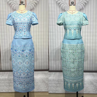 (2xl) ชุดไทย ลายไทยสวยๆ สีฟ้า งานป้าย chalita