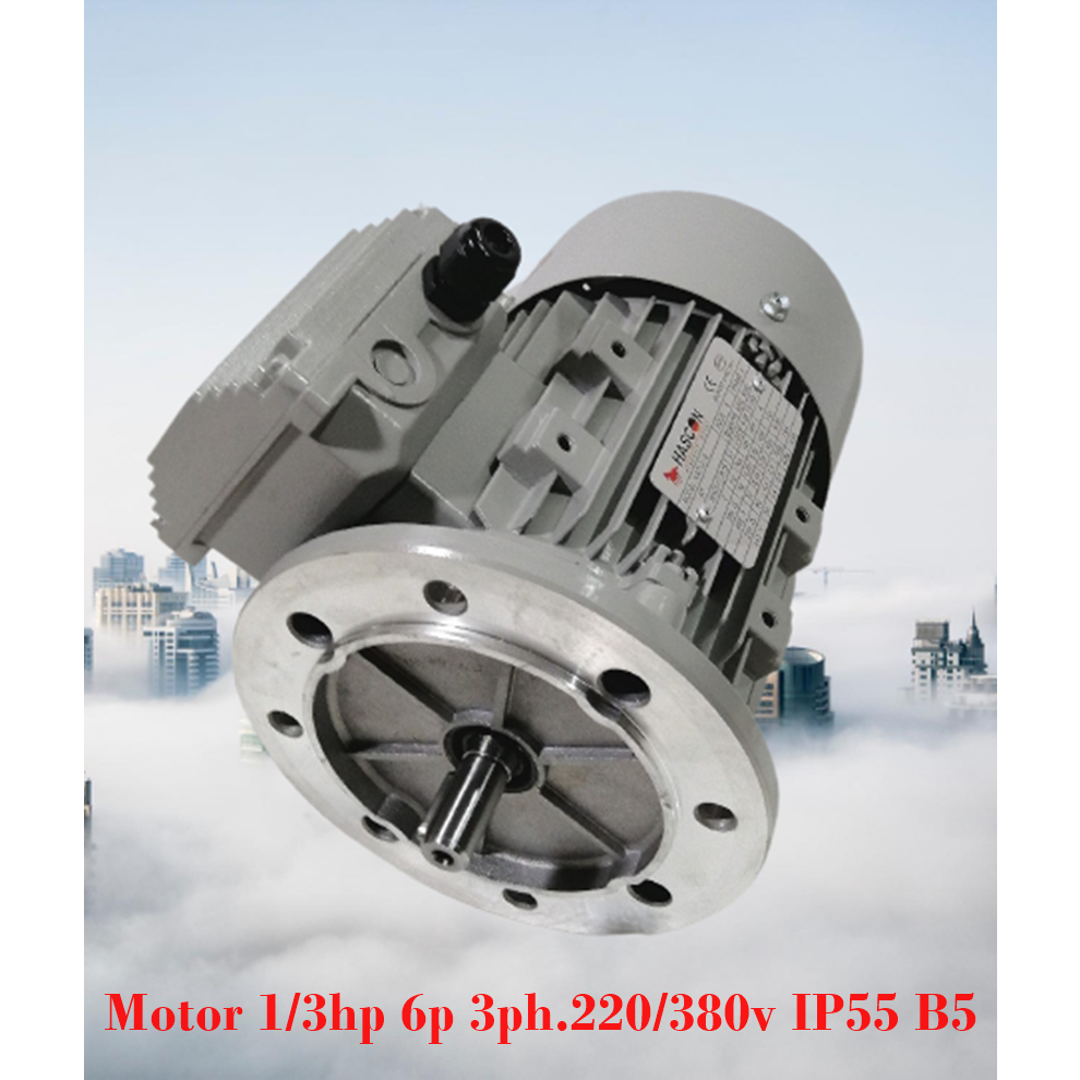 มอเตอร์หน้าแปลนรอบช้า 1/3แรง 3สาย มอเตอร์ไฟฟ้า แบบหุ้มมิดมาตรฐานสูงIP55 B5 Motor 1/3hp(0.25kw) 6p 3p
