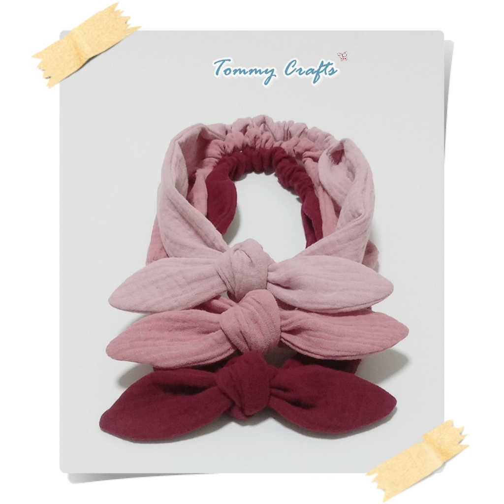 ผ้าคาดผมโบว์ผ้าฝ้ายอัดยับ ไซส์ผู้ใหญ่/เด็ก สีแดงMaroon/ชมพูRose Tan /ชมพูอ่อน First Blush cotton Hairband