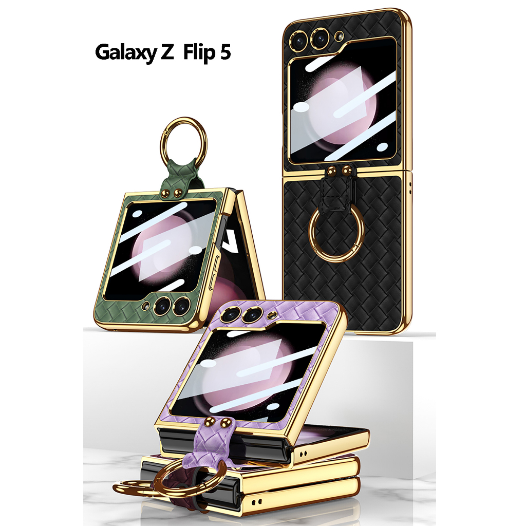 เคส Flip7 / Flip6 / Flip5 Case Woven Leather PU + Ring เคสหนัง PU หนัง ลายถัก +แหวน จอมีกระจก (พร้อมส่ง)