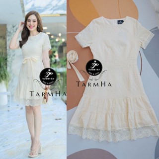 สวยละมุน!!! S-6XL Mini Dress เดรสสีครีมผ้าฉลุลายชายลูกไม้+สายผูกเอว งานป้าย Tarm Ha