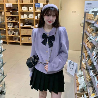 เสื้อแขนยาวไหมพรมสีพื้นแต่งโบว์*มาใหม่