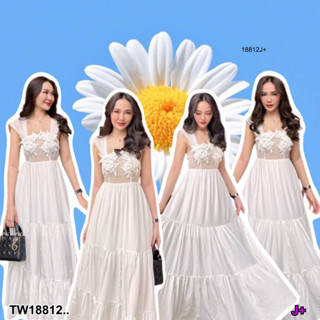 👗Pfashion [ส่งไวมาก🚛] P18812 เดรสยาวช่วงบนแขนผ้ามุ้ง ตัวมุ้งซีทูแต่งดอกไม้แปะอก ..