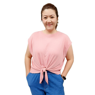 ME STYLE มีสไตล์ เสื้อยืดผ้าร่อง ไหล่ล้ำ ชายผูก สีพื้น ไซส์ S-XL PINK (ชมพู)