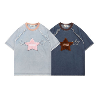 KOREA DENIM T-SHRIT : เสื้อยืดคอกลมผ้ายีนส์ฟอกนุ่มปัก FLUFFY STARS