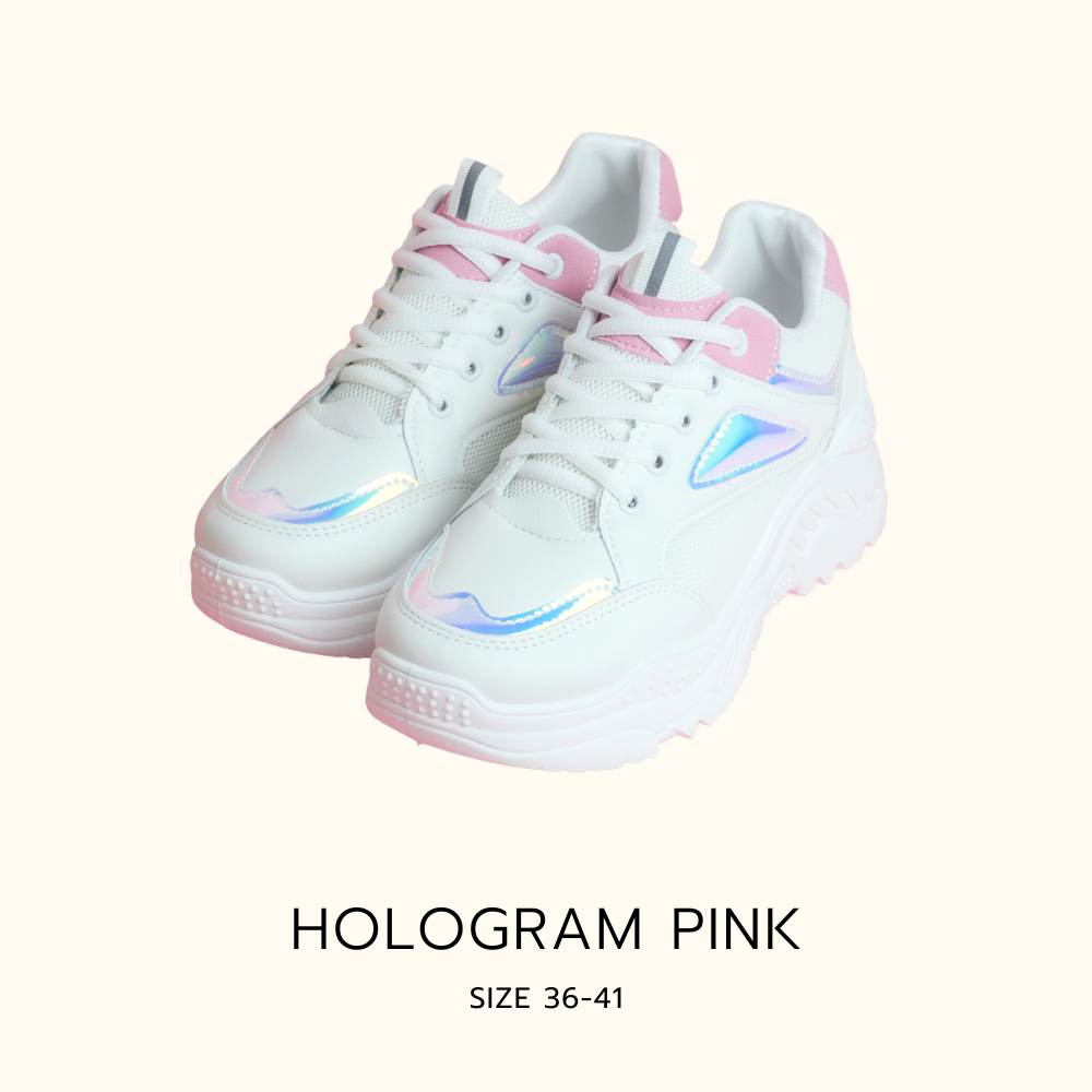 รองเท้าแฟชั่นเกาหลี งานโฮโลแกรม เสริมส้น 5 cm. รองเท้าผ้าใบ รองเท้าผ้าใบเกาหลีสุดฮิต รุ่น Hologram Pink