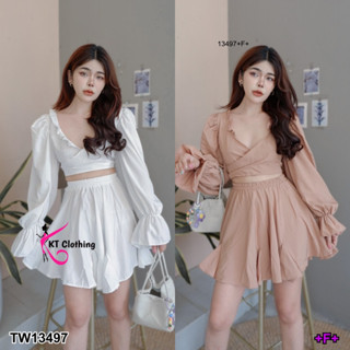 J13497 Set 2 ชิ้น เสื้อครอป แขนยาว ผูกหลัง + กระโปรงสั้น 2-piece set: crop top, long sleeves, tie back + short skirt