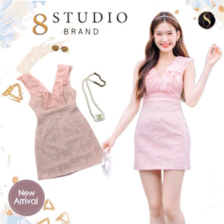 8 Studio Brand เสื้อผ้าแบรนด์แท้การันตี มินิเดรสสีชมพูคอวีแขนกุด สีหวานๆๆ